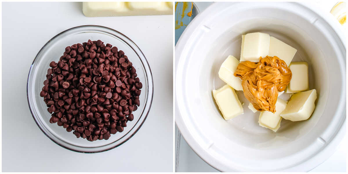 A bowl filled with mini chocolate chips next to a slow cooker insert holding chunks of vanilla candy coating and a scoop of creamy peanut butter.