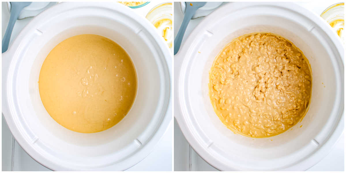 A slow cooker filled with melted vanilla candy coating and peanut butter next to an image of the mixture after stirring in Rice Krispies cereal.