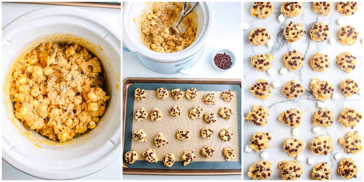 A slow cooker filled with avalanche cookie mixture with marshmallows and chocolate chips next to a baking sheet lined with scooped cookies and a finished set of cookies on marble.