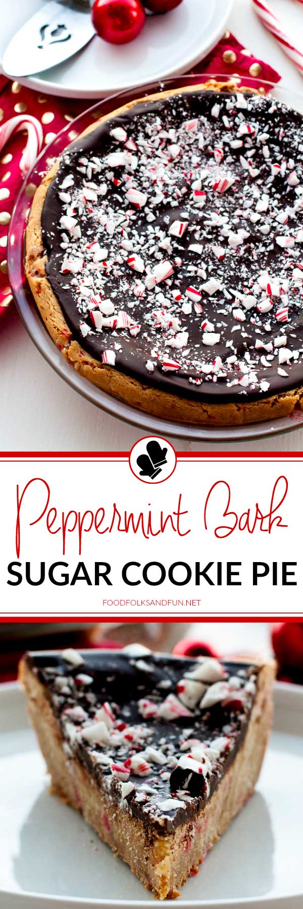 This Peppermint Bark Sugar Cookie Pie is a delicious, festive dessert that is perfect for holiday entertaining and SO easy to make. Peppermint, dark chocolate, and sugar cookie-how could you go wrong?!  via @foodfolksandfun