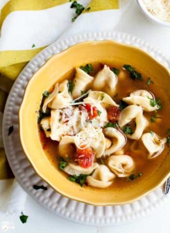 a top view of Tortellini Soup in a bowl