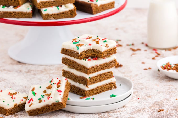 Gingerbread bars stacked on top of each other.
