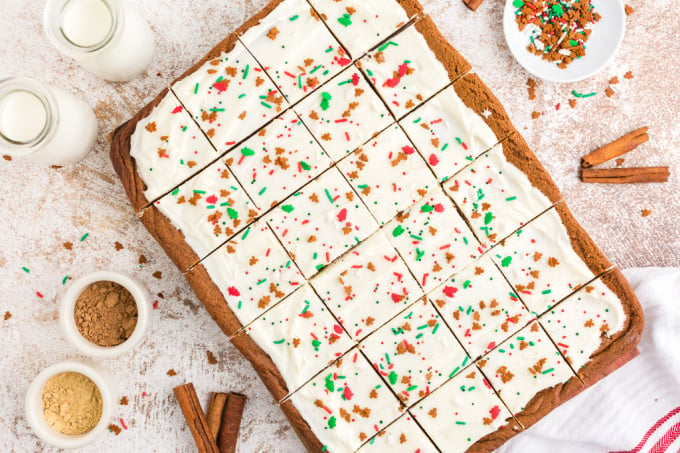 An overhead picture of the cut gingerbread bars.