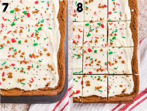 Frosting and sprinkles on top of the bake gingerbread bars.