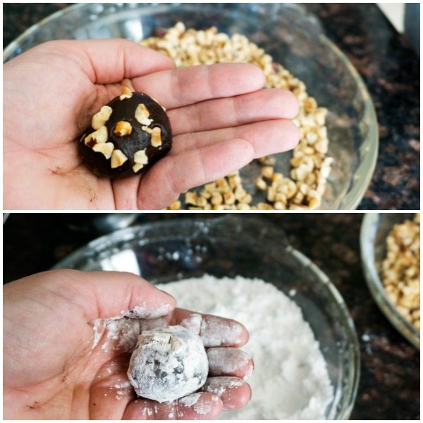 A collage of making chocolate crinkle cookies with hazelnuts