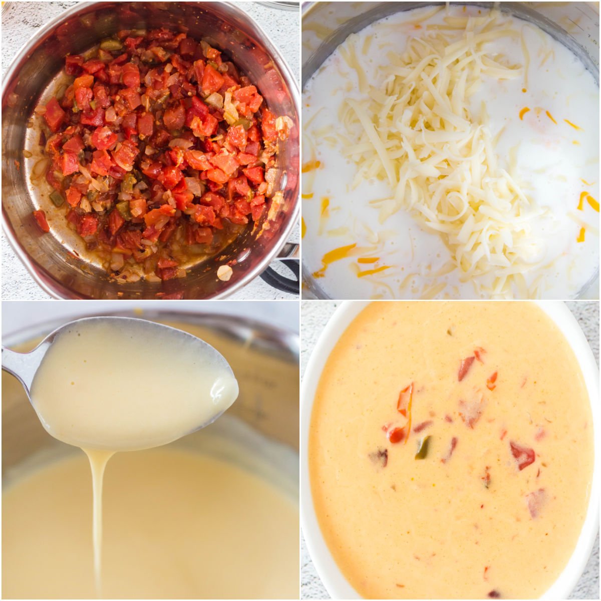 A picture collage of how to make Chile Con Queso.