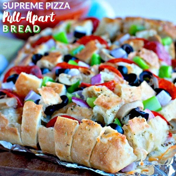 Pizza Supreme Pull-apart bread with text overlay for Pinterest
