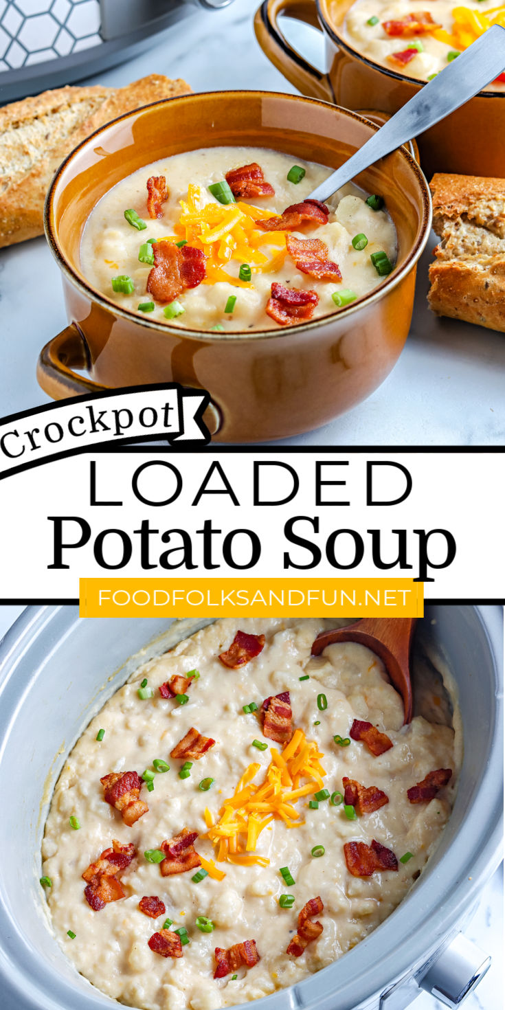This Slow Cooker Loaded Baked Potato Soup is a winter classic. It's some serious comfort food and perfect for busy weeknights. via @foodfolksandfun