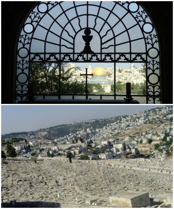View form Dominos Flevit Sanctuary, and Jewish cemeteries on the Mount of Olives. 