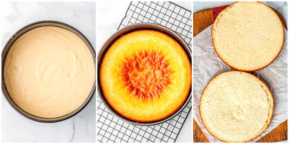 The cake before and after cooking and then it cut into two layers.