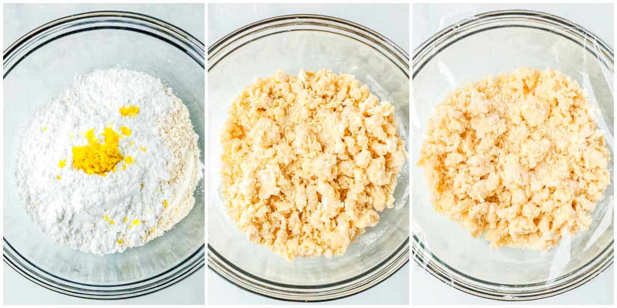 The crumble mixed together in a bowl and then covered with plastic wrap and chilled.