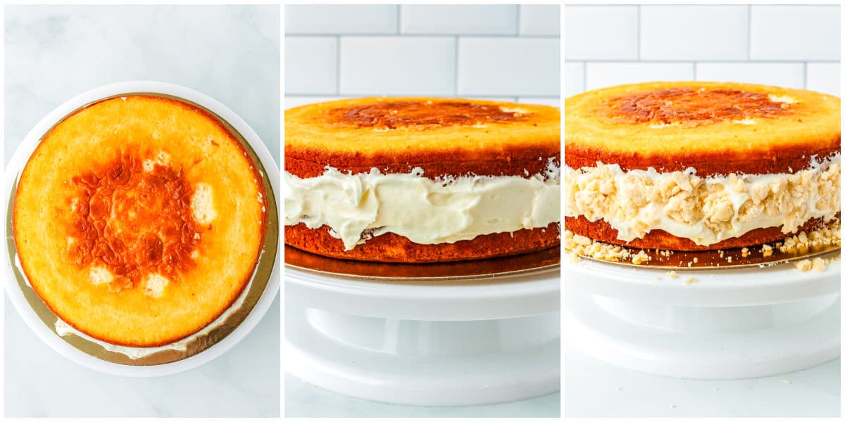 The assembled cake with frosting on the sides and the crumble pressed into the frosting.