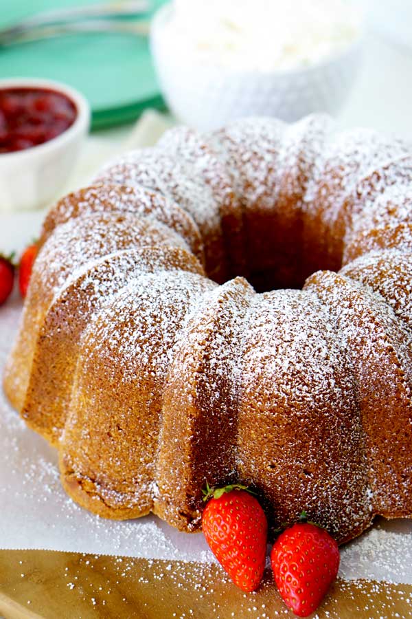 Best Cream Cheese Pound Cake on a serving platter