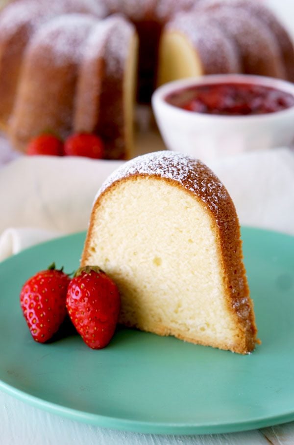 A slice of Cream Cheese Pound Cake on a plate
