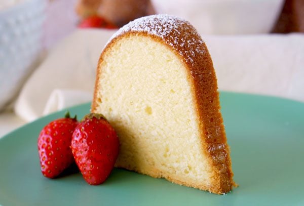 A piece of Cream Cheese Pound Cake on a plate