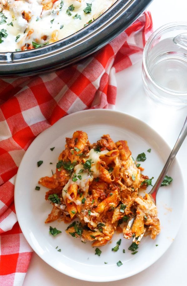 Slow cooker baked ziti on a plate