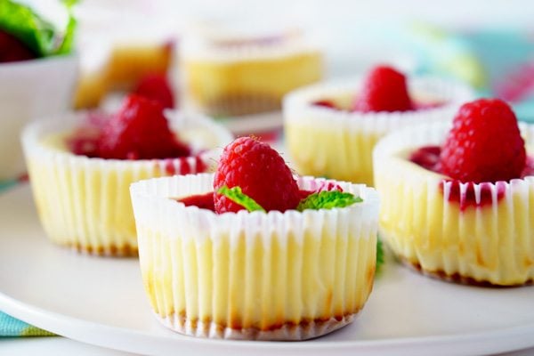 Easy Raspberry Swirl Cheesecake Cupcakes on a plate