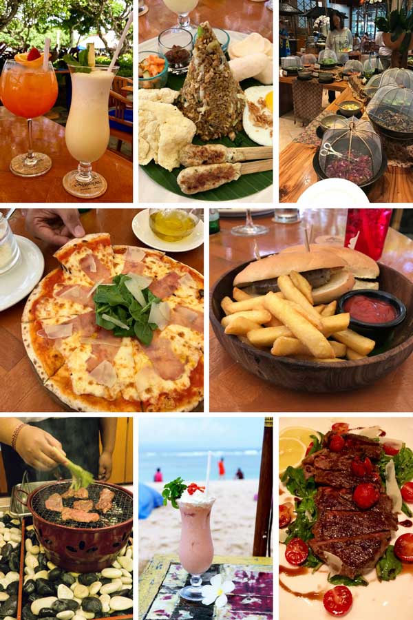 A collage of food options at a resort in Bali