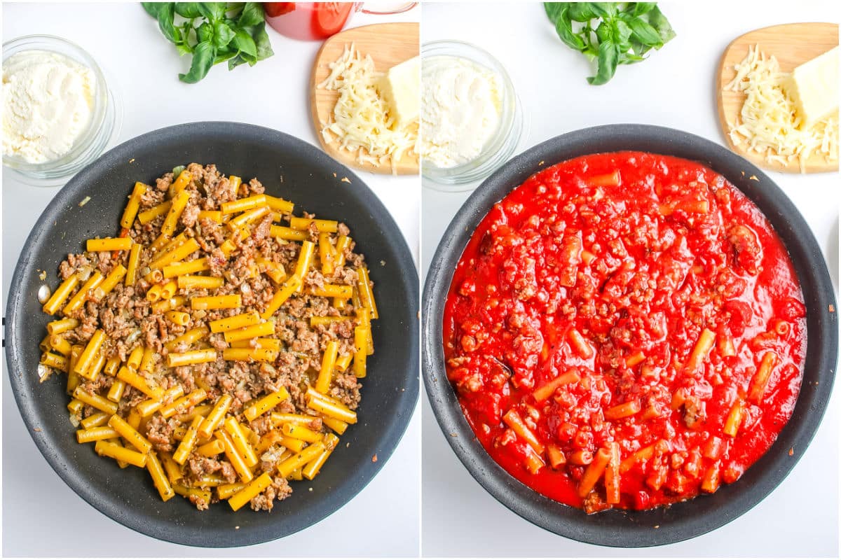 The ziti mixed with the meat mixture and sauce added.
