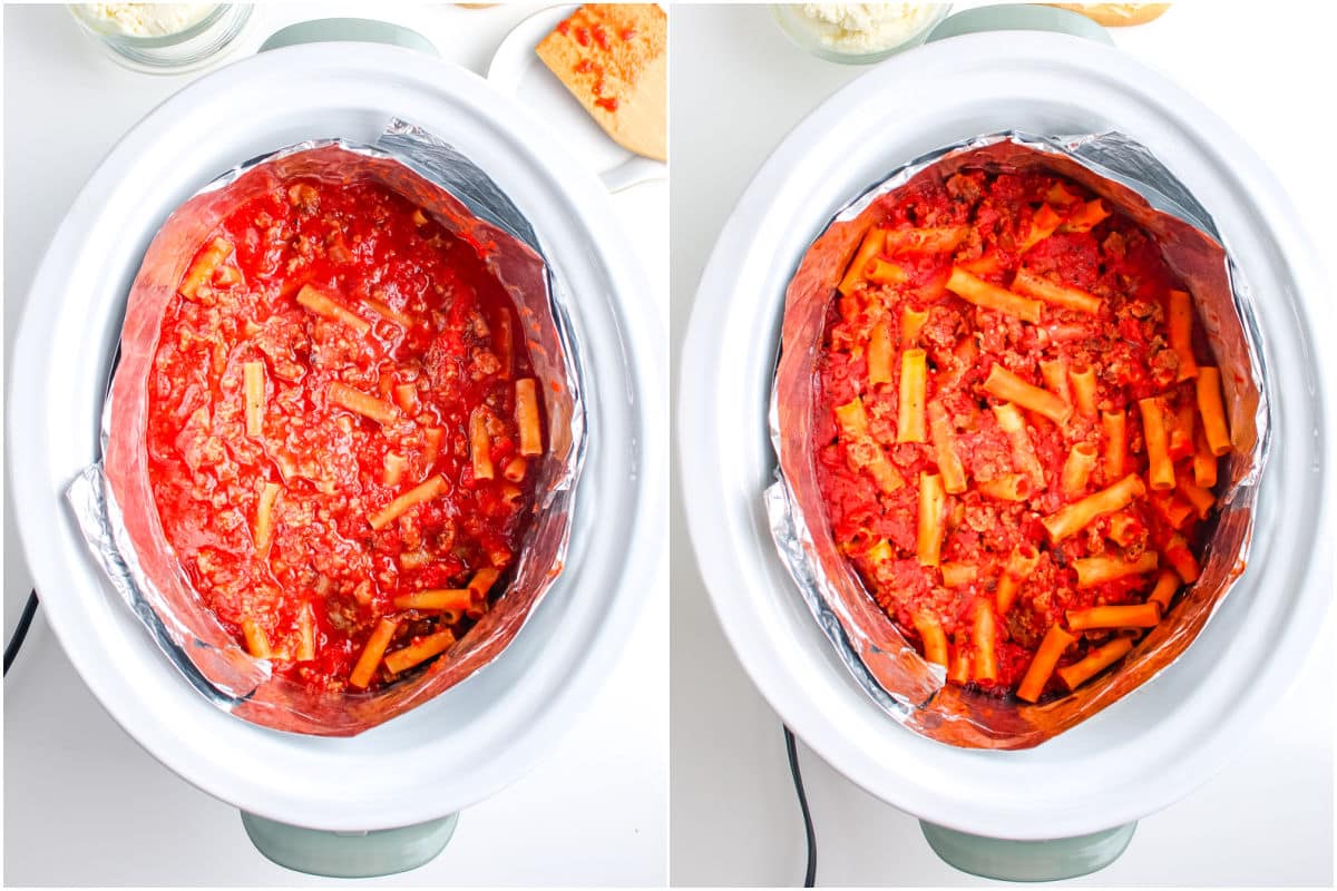 The ziti and sauce in a slow cooker both before and after it's cooked.