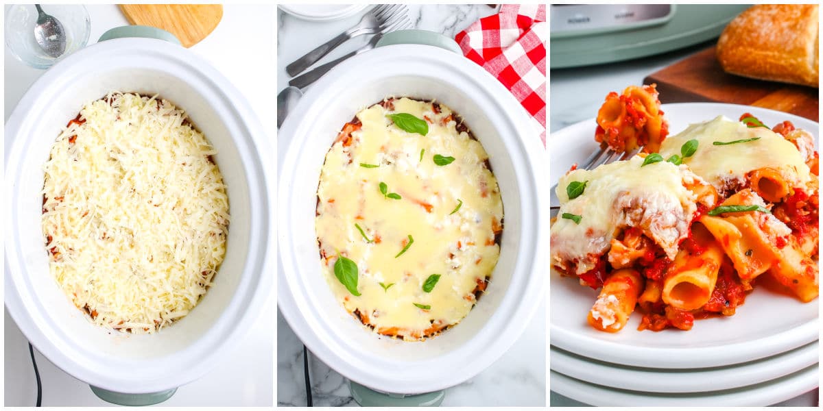The ziti before and after it's been cooked in a crockpot.