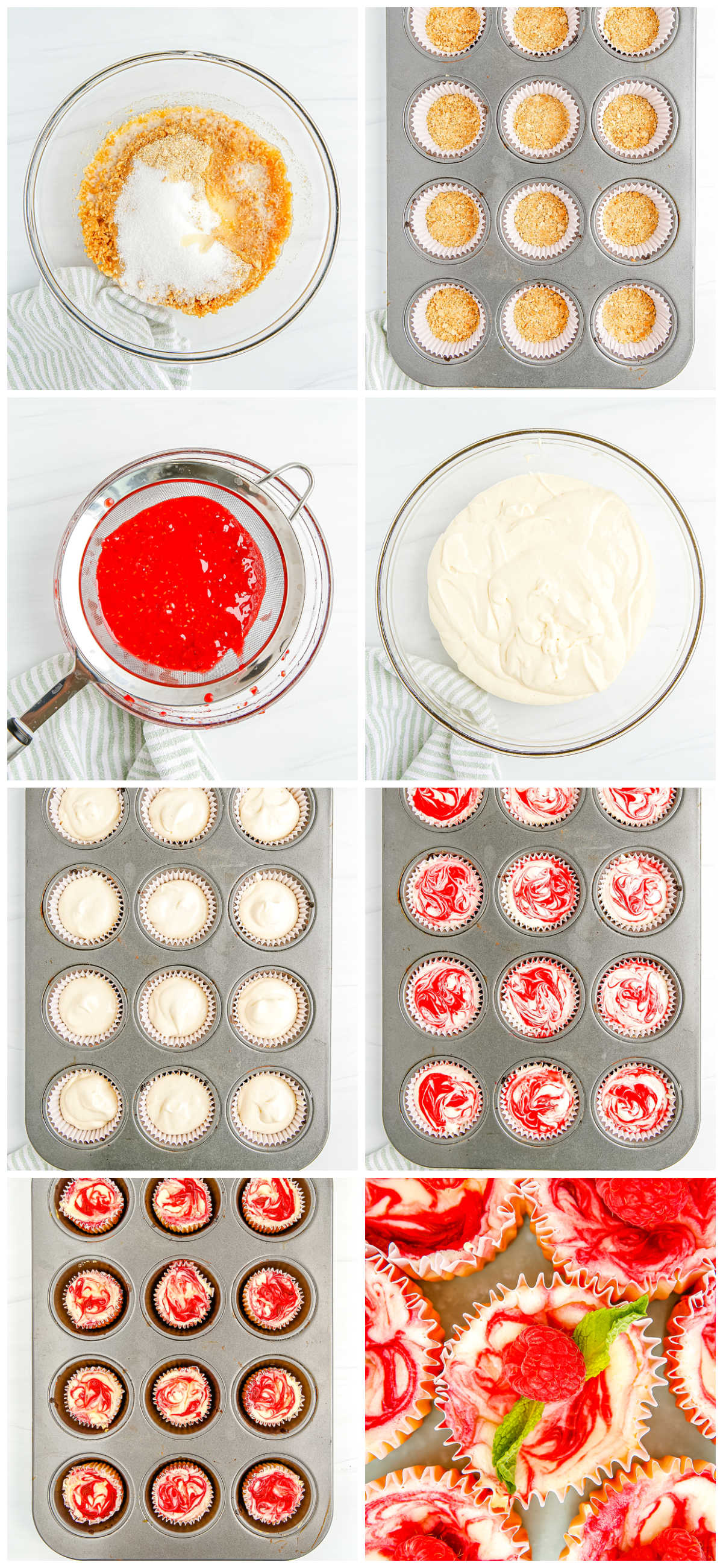 A picture collage showing how to make mini cheesecake cupcakes.