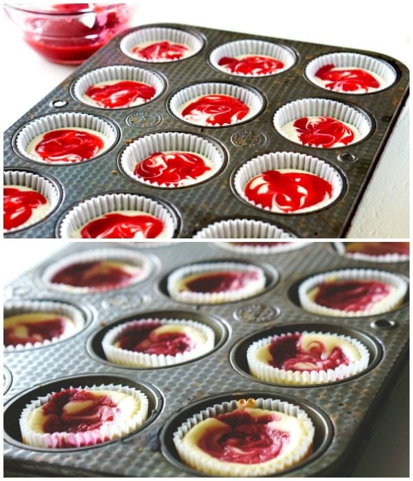a collage of process shots of how to make raspberry swirl cheesecake cupcakes