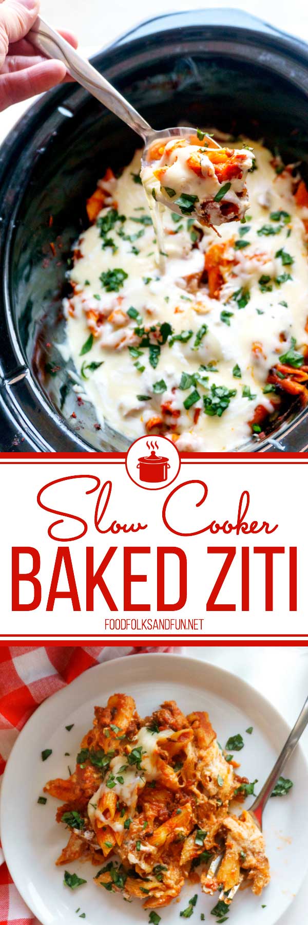 This Slow Cooker Baked Ziti recipe is the perfect dinner recipe for year-round cooking. It’s great for weeknight dinners and for company! Plus, it tastes pretty amazing--I mean just look at all of that melty cheese! #slowcooker #crockpot #dinner #pasta #carbs #ItalianFood #ItalianRecipe #foodfolksandfun via @foodfolksandfun