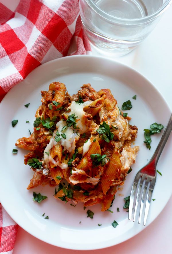 Slow Cooker Baked Ziti on a plate. 