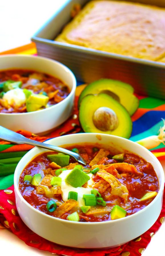 Chicken Taco Soup served with cornbread.