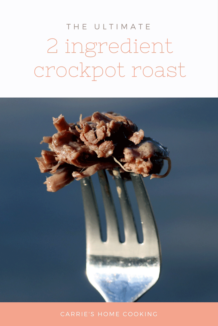 A close-up of a bite of Crock pot roast with text overlay for Pinterest