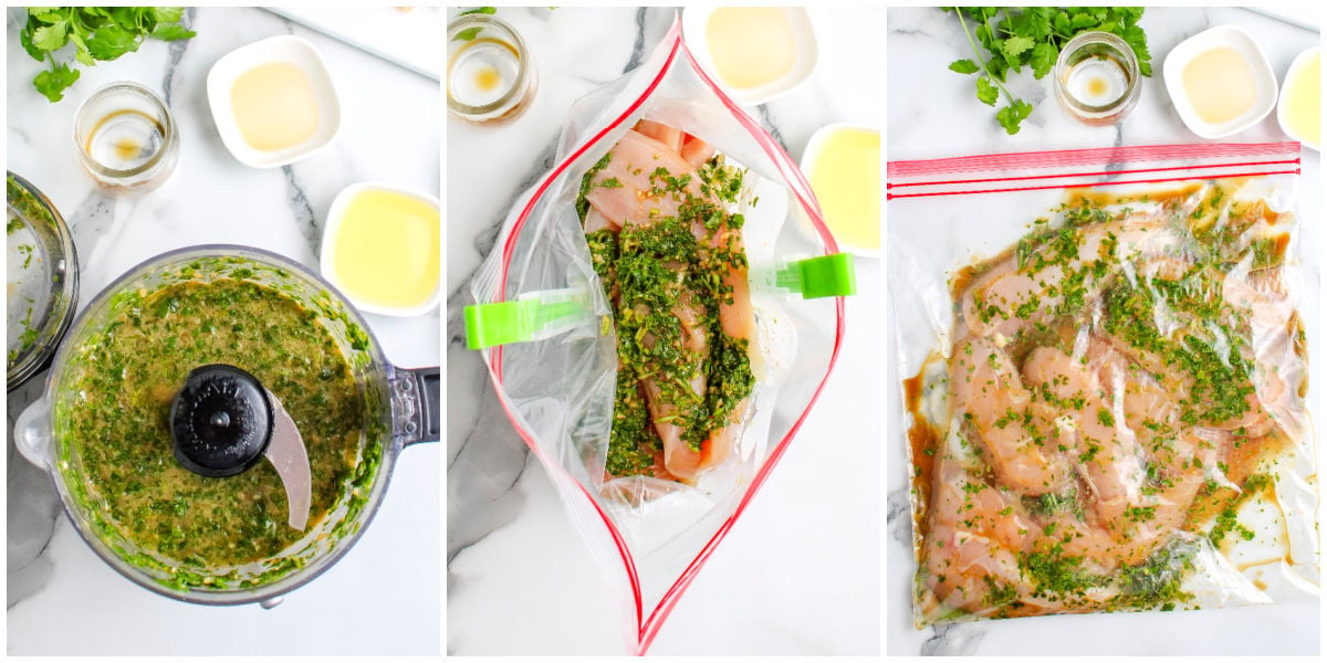 Step-by-step process for making cilantro chicken marinade and marinating chicken tenderloins.