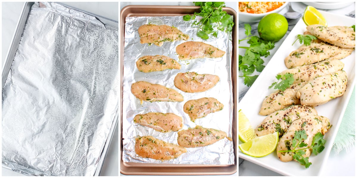 Preparing and baking cilantro chicken on a foil-lined baking sheet before serving.