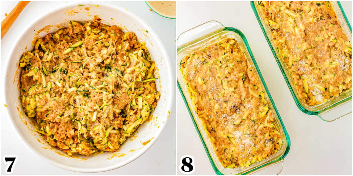 The zucchini bread batter in a mixing bowl and in loaf pans.