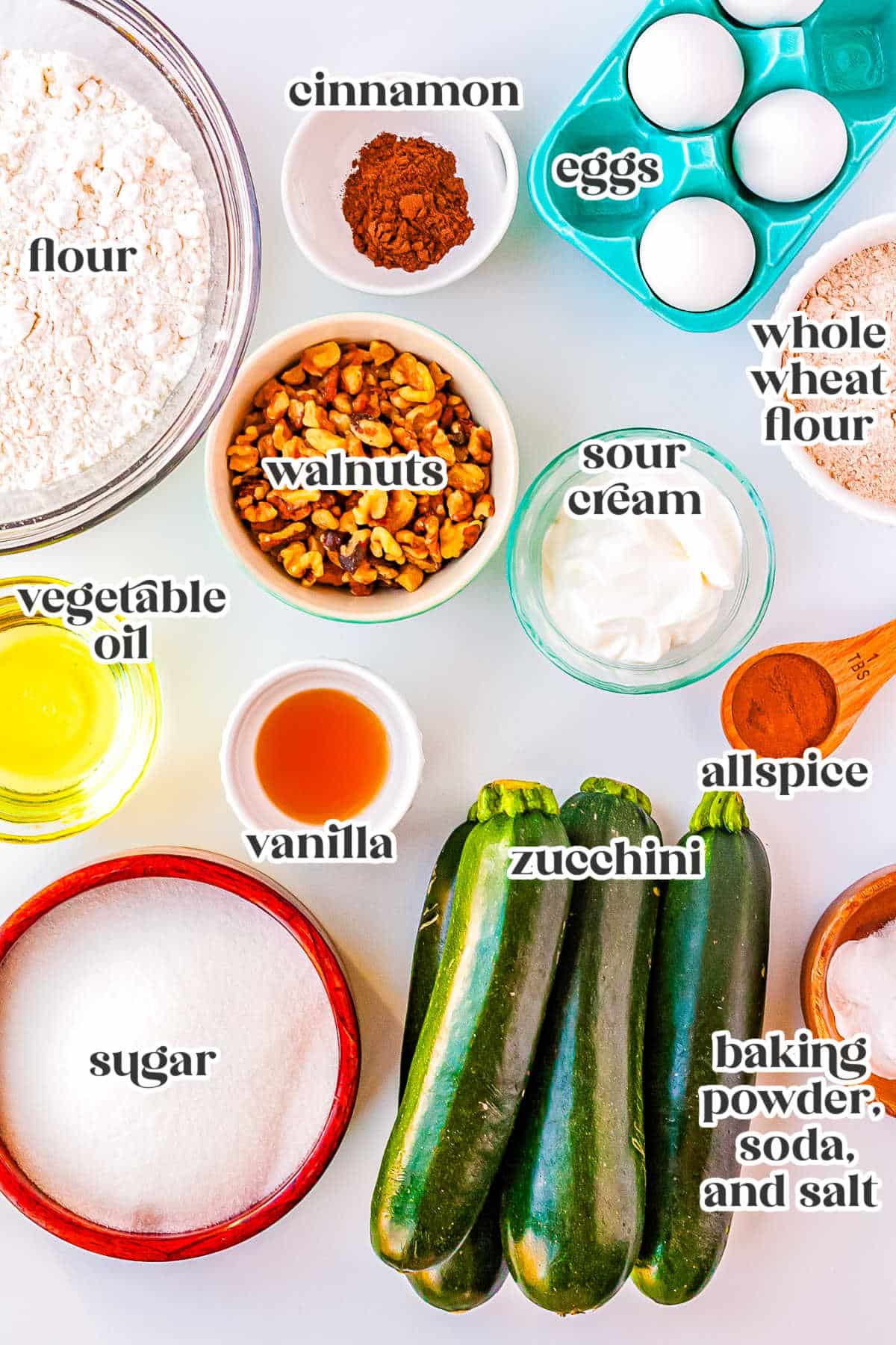 All of the ingredients needed wo make this recipe with text overlay labeling each ingredient.