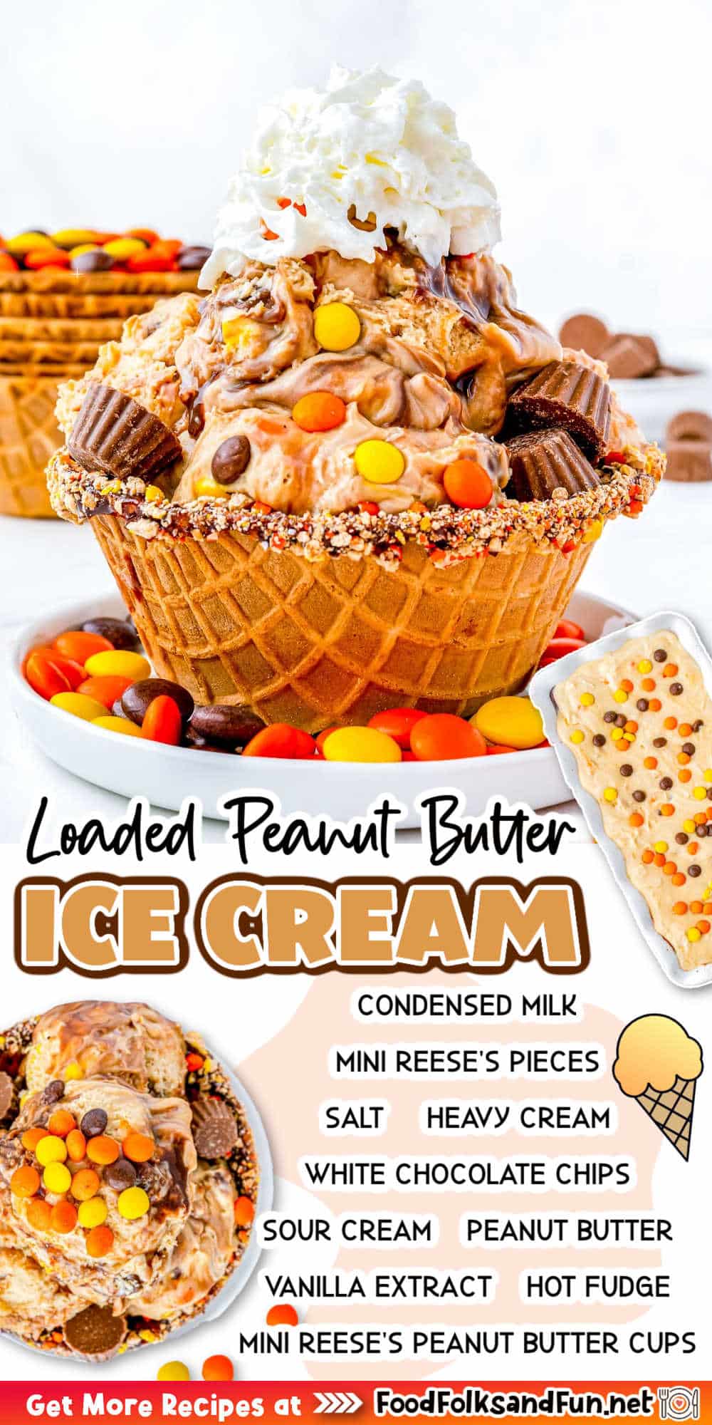 Reese's Peanut Butter Ice Cream is the ice cream of your dreams! It's loaded with hot fudge, peanut butter, Reese's Pieces, and cups! via @foodfolksandfun