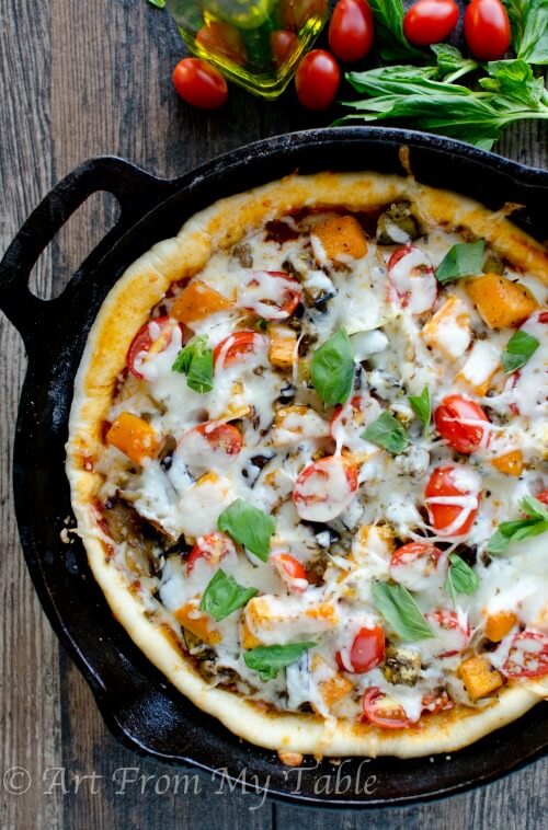Roasted Vegetable Pizza in a skillet 