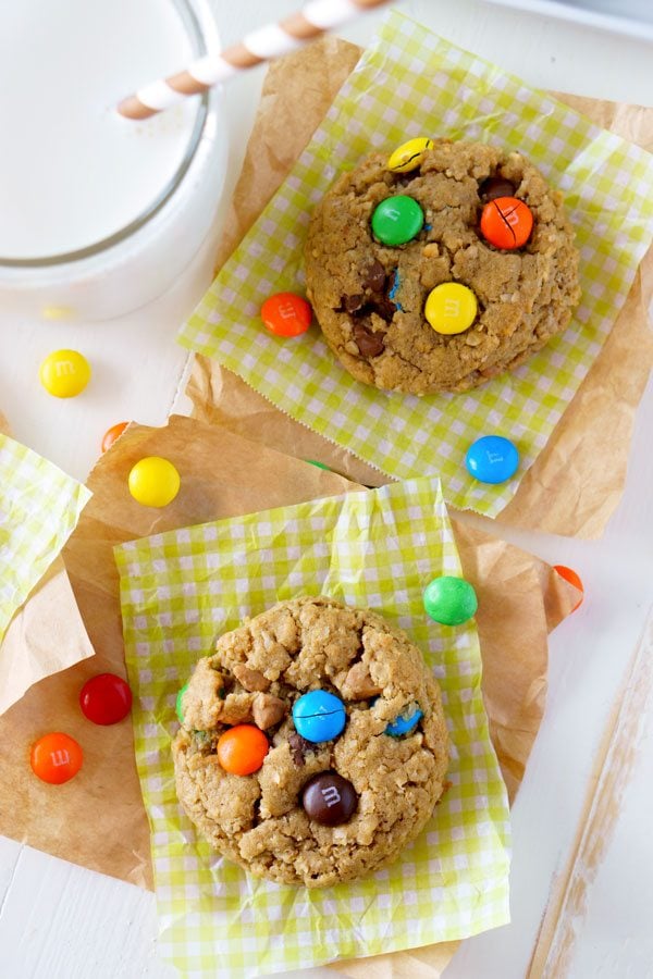 Monster cookies with oats, peanut butter, milk chocolate chips, peanut butter chips, and M&M's.
