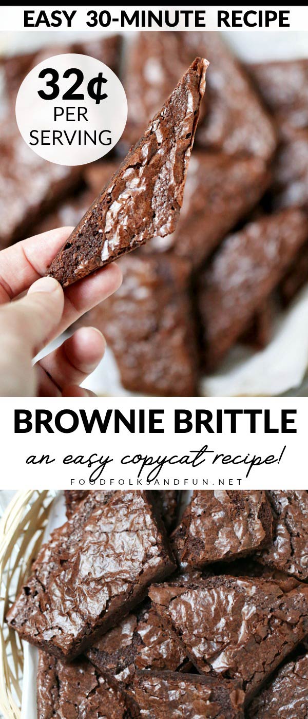 Copycat Brownie Brittle Recipe that’s made from a box mix for a quick and easy treat! I bet you have all of the ingredients in your pantry right now! This recipe serves 8 and costs $2.53 to make. That's just 32¢ per serving! via @foodfolksandfun