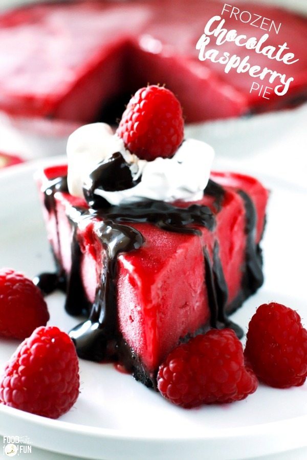 A slice of Frozen Chocolate Raspberry pie on a plate with text overlay for Pinterest
