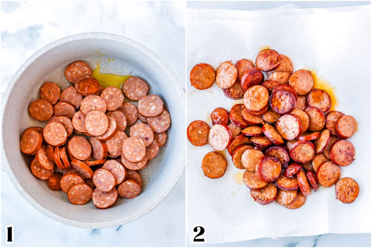 The Andouille sausage before and after cooking it.
