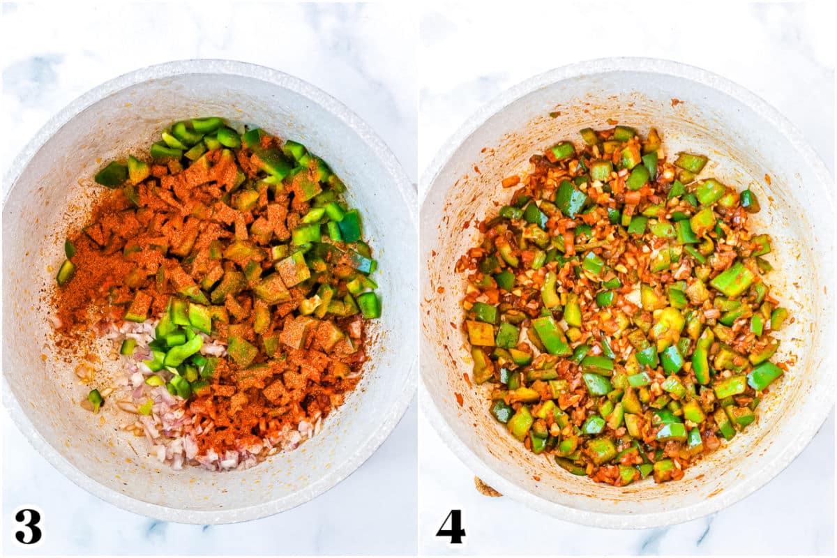 The onions, bell pepper, garlic, and spices before and after cooking them.