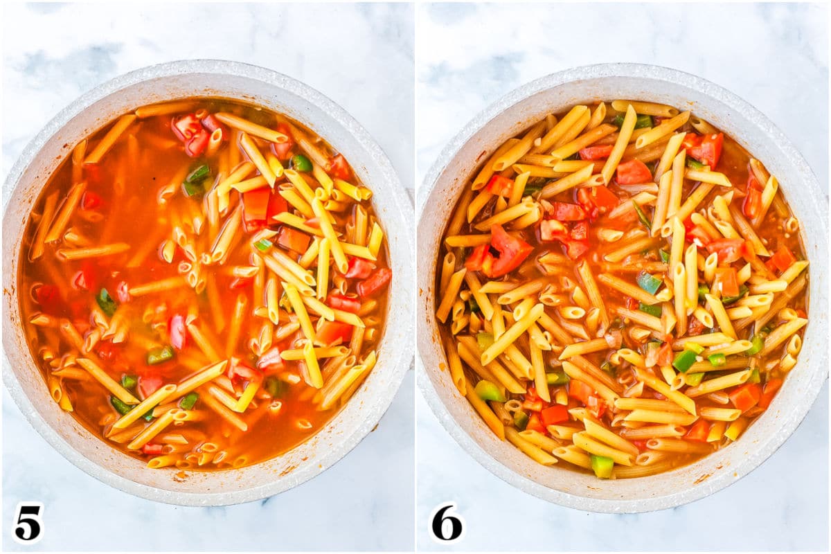 The pasta in a white pot both before and after cooking it.