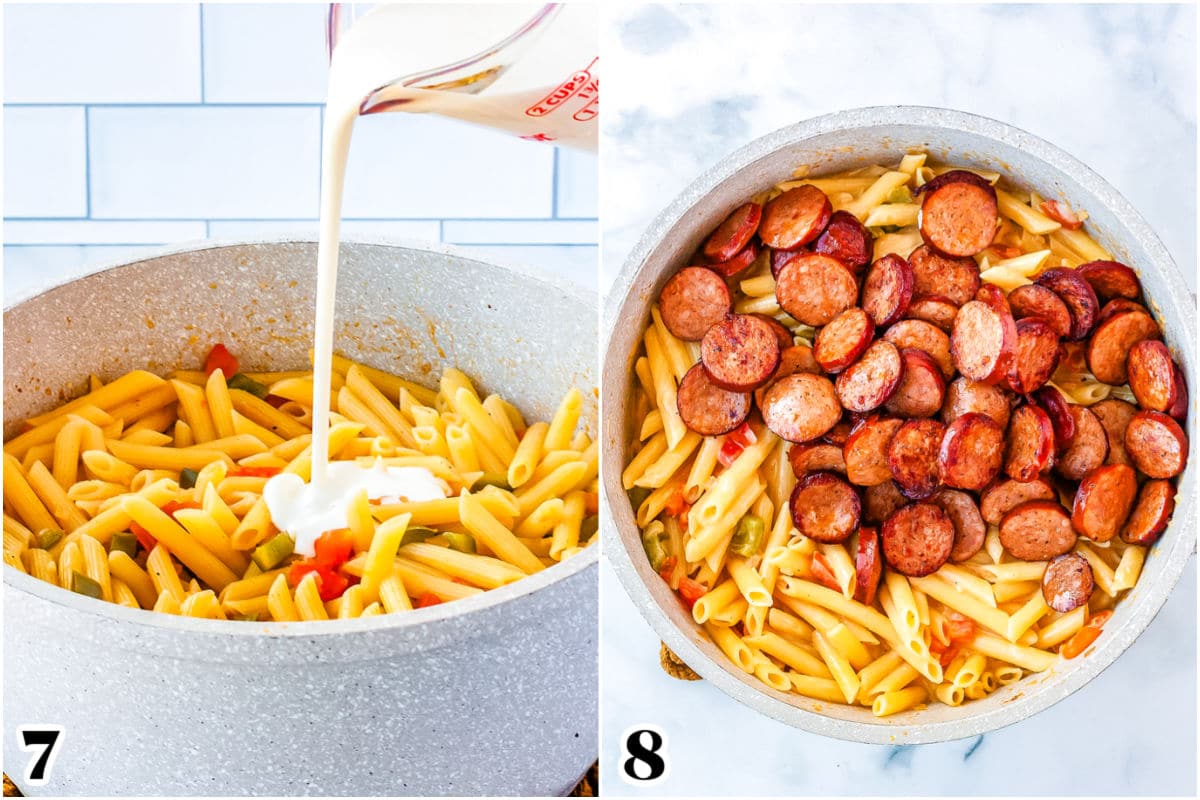 The cream, cheese, and sausage added to the pot.