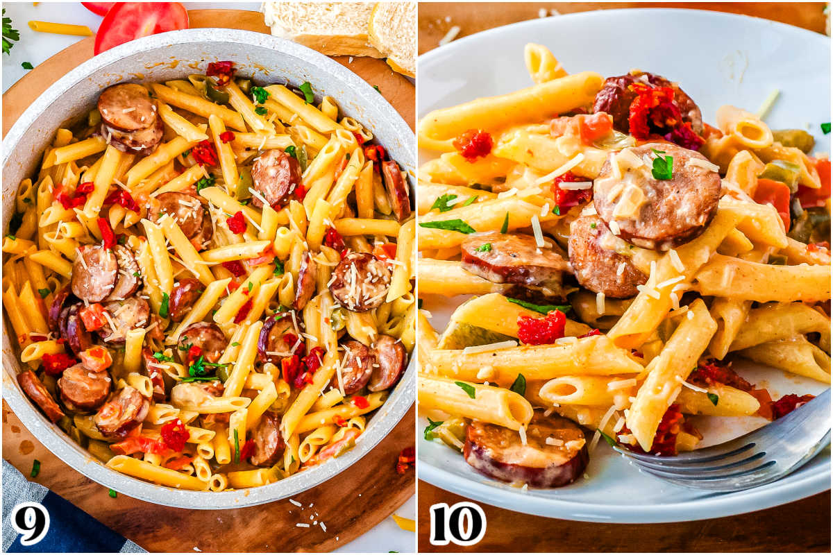 The finished pasta is in a pot and then on a white plate.