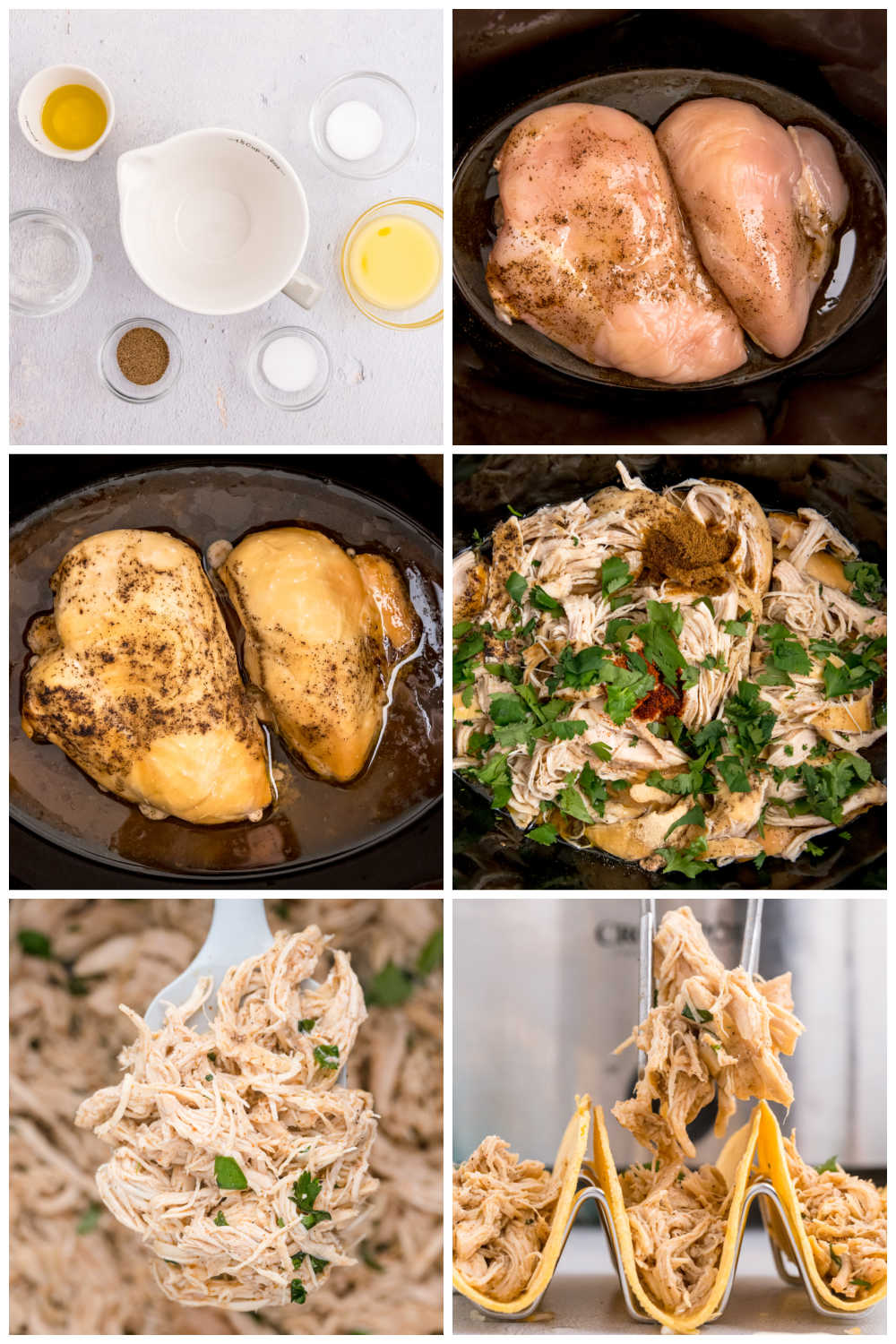 A picture collage of how to make Crockpot Shredded Chicken Tacos.