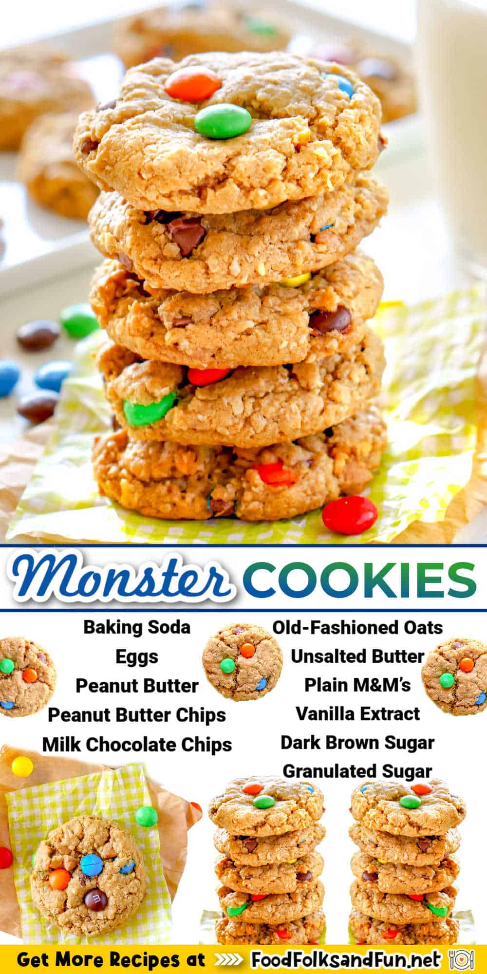 These Gluten-Free Monster Cookies are loaded with peanut butter, oats, and M&Ms. They have crispy edges and are soft and chewy. via @foodfolksandfun