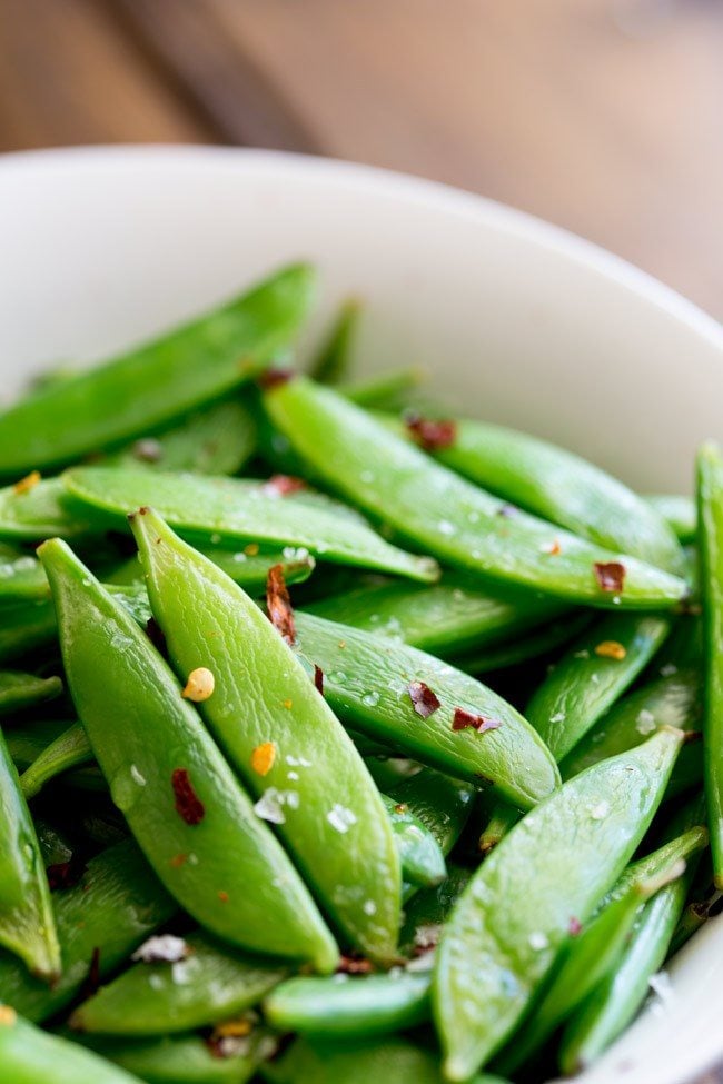 Sugar Snap Peas with Chili and Salt in a bowl