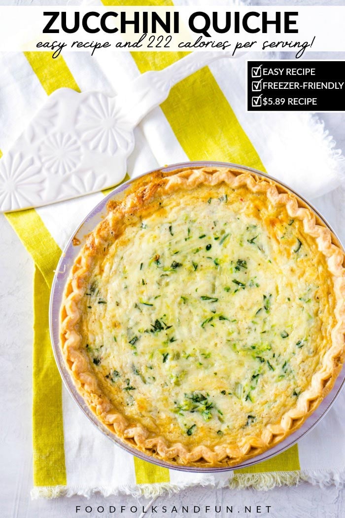 This Cheesy Zucchini Quiche is just the summer dinner recipe to make with fresh, in-season zucchini! This recipe serves 8 and costs $5.89. That’s just 74¢ per serving! via @foodfolksandfun
