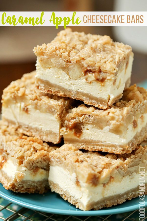 Apple and Caramel Cheesecake Bars stacked on a plate